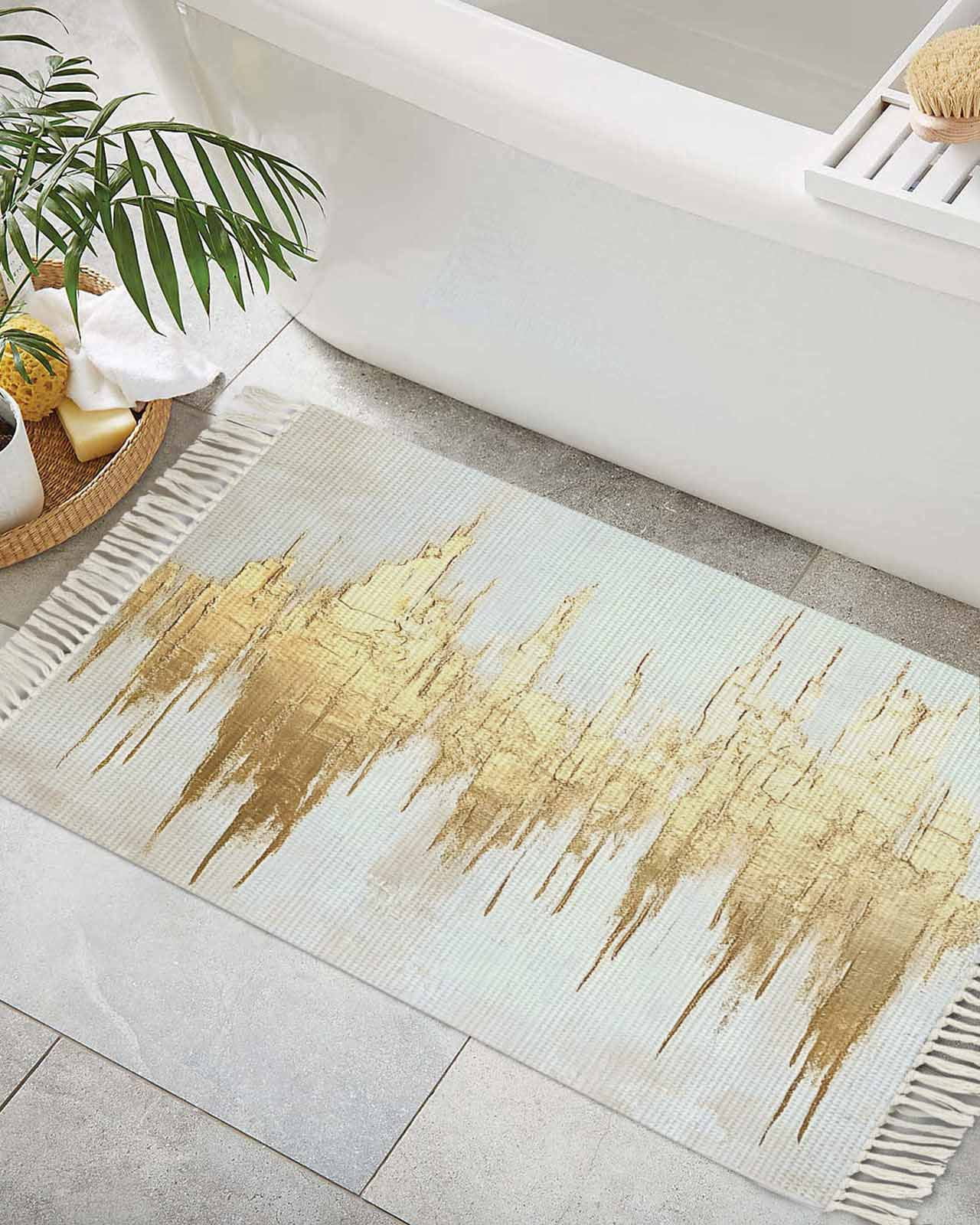 Abstract Gold Bath Rug 2x3ft Woven Bathroom Entryway Runner Rug,Modern ...