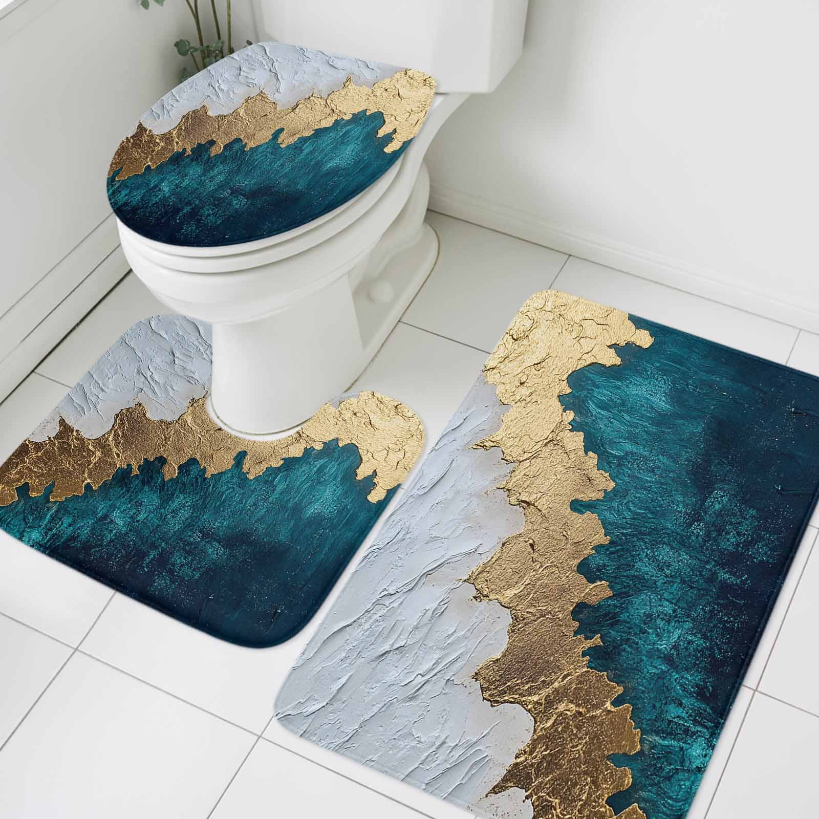Abstract Gold Bathroom Rugs Set White Green Color Block Modern Style ...