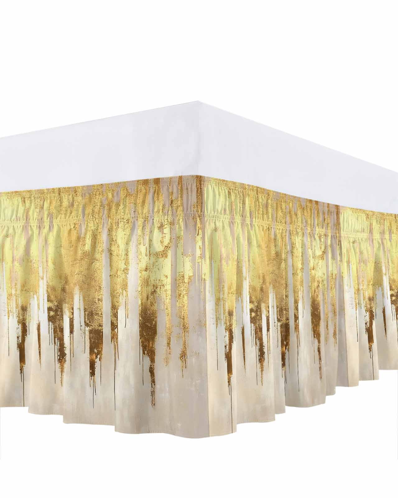 Abstract Gold Bed Skirt King Size, Modern Brush Luxury Strokes Artwork Wrap Around Bed Skirting with Adjustable Elastic Strap, Dust Ruffle Pleated Bedskirts 16 Inch Drop for Bedroom King Beds