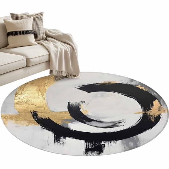 Abstract Gold Black Round Area&nbsp;Rug 3ft round Watercolor Non-Slip&nbsp;Washable Circle Rugs Soft Felt Indoor Floor Mat for Bedroom Kitchen Living Room Bathroom
