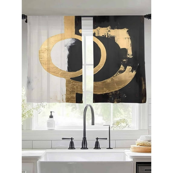 Abstract Gold Black Sheer Curtains 54 Inches Long 2 Panels Watercolor Modern Light Filtering Semi Sheer Window Curtains Drapes for Bedroom Living Room 52"x54"