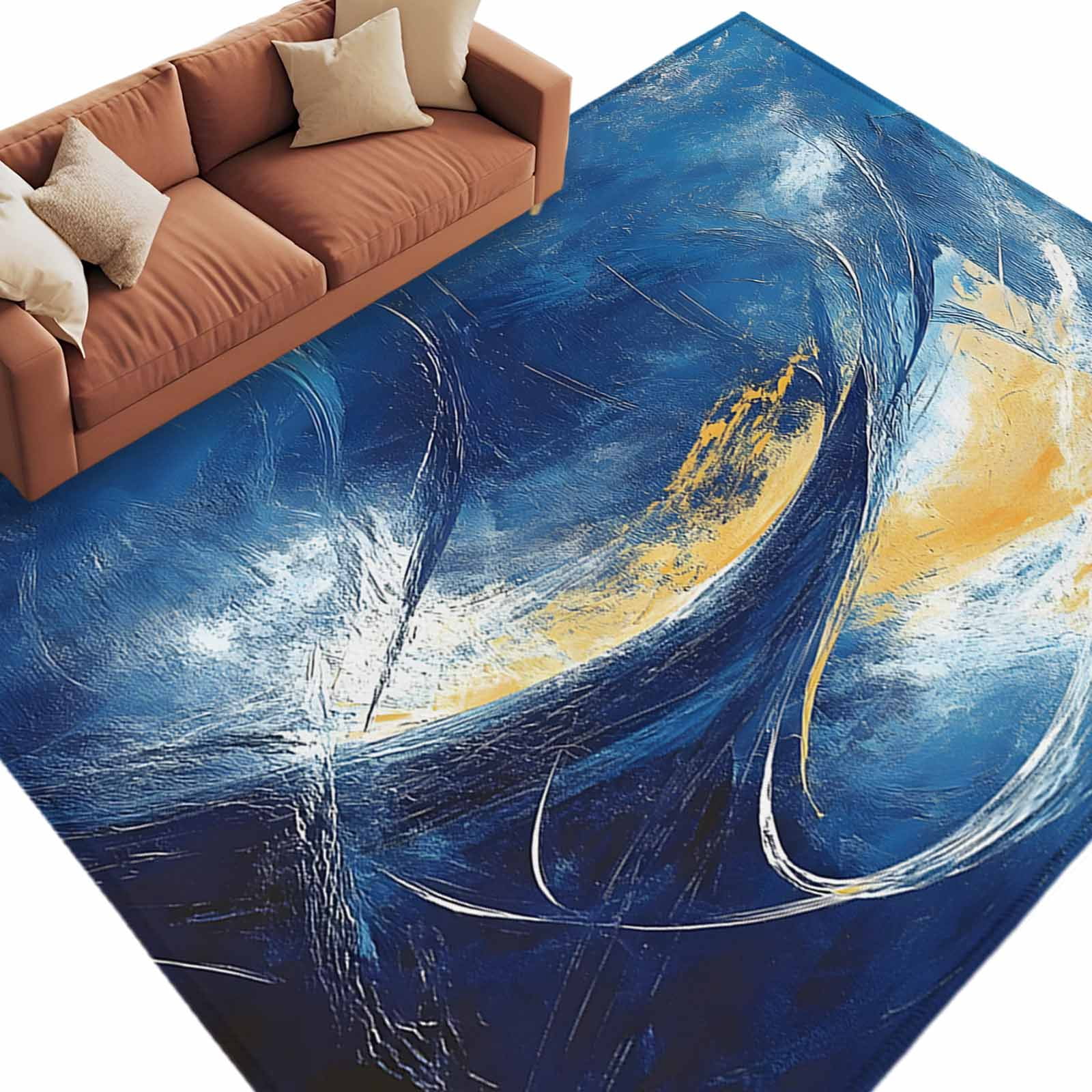 Oil Rug Abstract Gold Blue Sky Area Rug 8x10ft Vintage Oil Painting Style Non ...