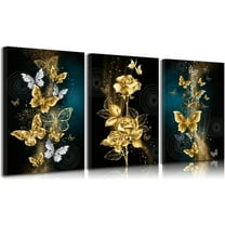 Abstract Gold Butterfly Canvas Wall Art Gold Butterfly And Rose Wall Decor Pictures Modern Luxury Flowers Posters Prints Painting for Living Room Bedroom（Only canvas）