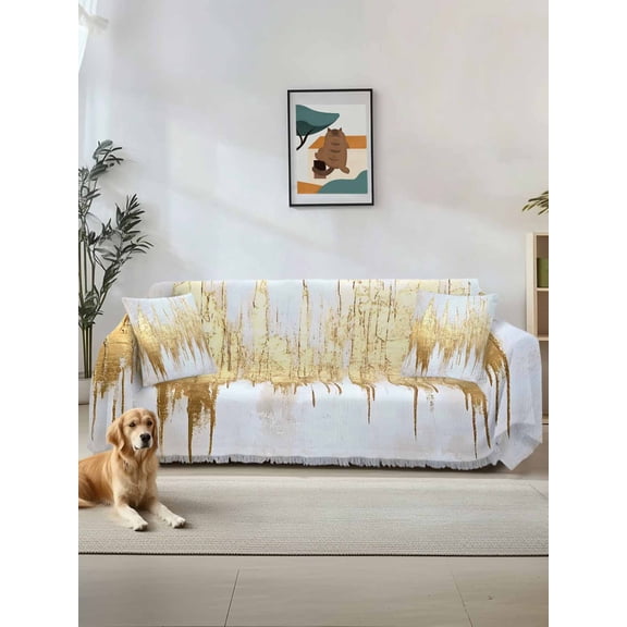 Abstract Gold Couch Cover, Modern Minimalist Art White Gray Ripple Sofa Cover Blanket for 3 Cushion Couch, Sectional Sofa Slipcover Furniture Protector for Living Room Bedroom 71''x134''