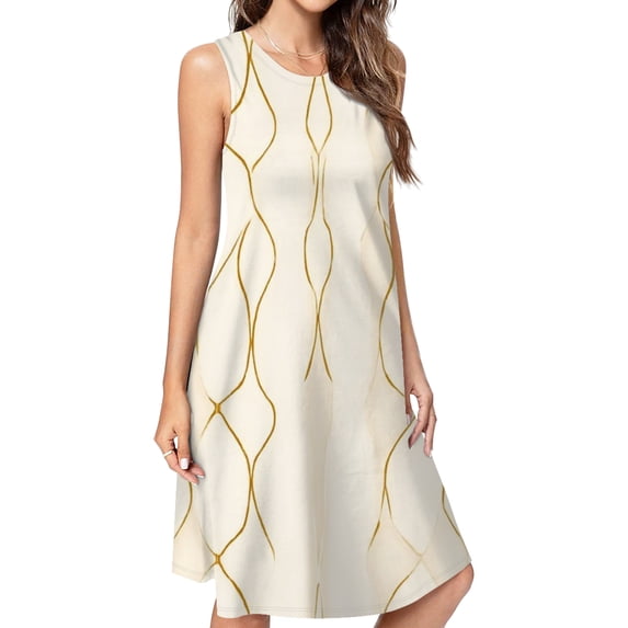 Abstract Gold Cream Wavy Lines Casual Sleeveless Loose Sundress Dress For Women Summer Dress Daily Woman
