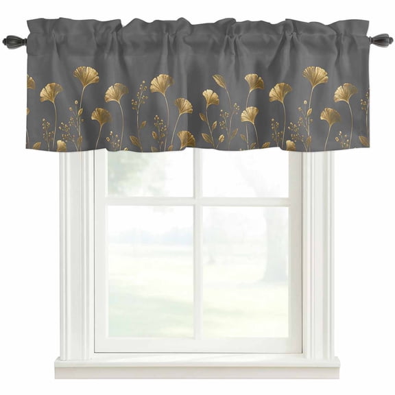 Abstract Gold Florals Kitchen Valances for Windows, Rustic Flowers Gray Minimalist Bathroom Window Valances 42x12 Inch Rod Pocket Window Treatments Valance Curtains for Living Room Bedroom Decor