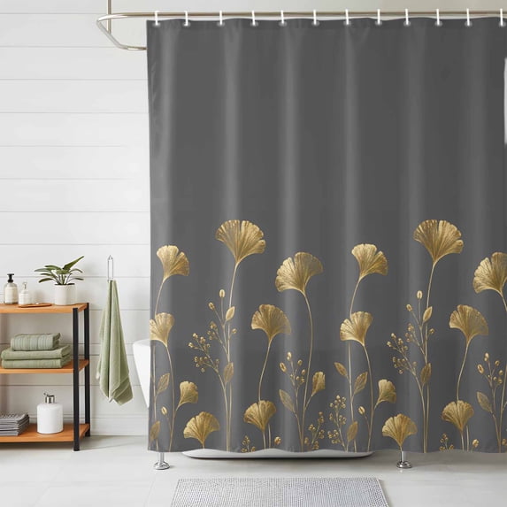 Abstract Gold Florals Shower Curtains for Bathroom, Rustic Flowers Gray Minimalist Waterproof Fabric Shower Curtain, Decorative Bathroom Curtain for Bathtub, 72"x72", No Hooks Included