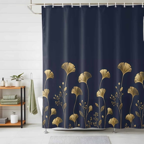 Abstract Gold Florals Shower Curtains for Bathroom, Rustic Flowers Indigo Blue Minimalist Waterproof Fabric Shower Curtain, Decorative Bathroom Curtain for Bathtub, 36"x72", No Hooks Included
