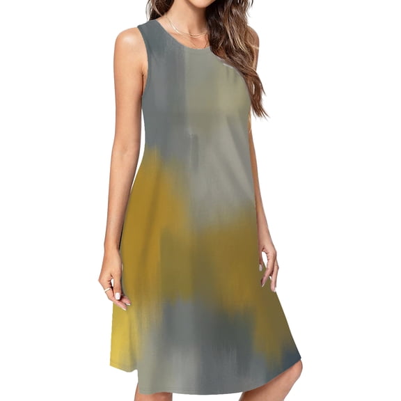Abstract Gold Grey Blue Art Casual Sleeveless Loose Sundress Dress For Women Summer Dress Daily Woman
