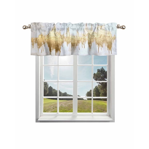 Abstract Gold Kitchen Curtain Valances for Windows Farmhouse Short Curtains, Modern Minimalist Art White Gray Ripple Rod Pocket Valance Curtain for Bedroom Cafe Living Room 60"x18"