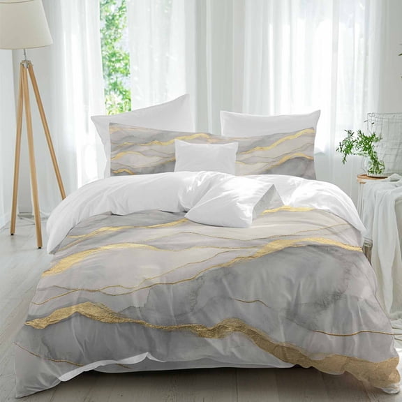 Abstract Gold Lines Marble Texture Queen Size Bed Set,Grey Stone Art Bedding for All Seasons,4 Pcs Bed Set,1 Quiltcover(90"x92"),1 Sheet(94"x116"),2 Pillowcases(30"x20")