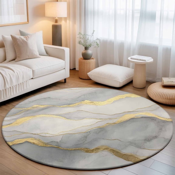 Abstract Gold Lines Marble Texture Round Rug 5ft Grey Stone Art Washable Area Rugs for Living Room Bedroom Entryway Non Slip Entrance Door Mat Indoor Floor Carpet