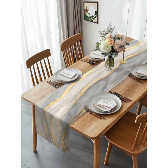 Abstract Gold Lines Marble Texture Table Runner 90 Inches Long, Grey Stone Art Table Runners Tabletop Scarf Kitchen Dining Tables Decoration for Home Party Indoor Outdoor