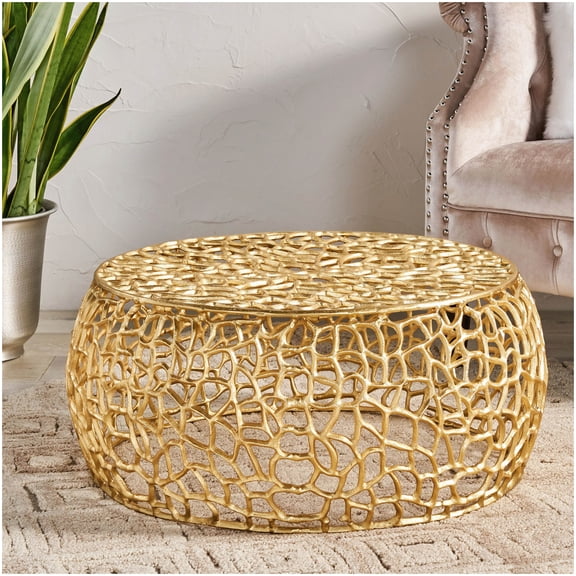 Abstract Gold Mesh Design Coffee Table, Handcrafted Aluminum Sofa Table with Glam Finish