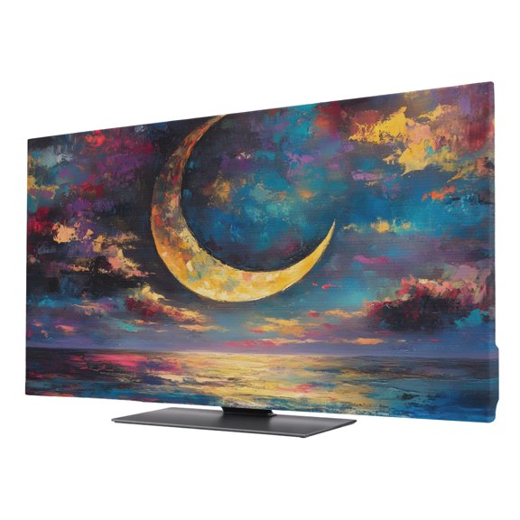Abstract Gold Moon TV Cover for 24 Inch Screen,Stretch Fabric Dustproof TV Display Protector,Ocean Oil Painting Waves Landscape Elastic Slipcover Monitor Cover for Indoor Desktop Computer 20.9"x11.8"