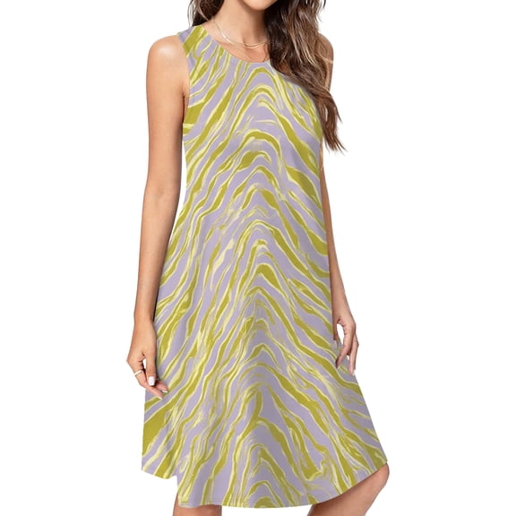 Abstract Gold Purple Wavy Lines Casual Sleeveless Loose Sundress Dress For Women Summer Dress Daily Woman
