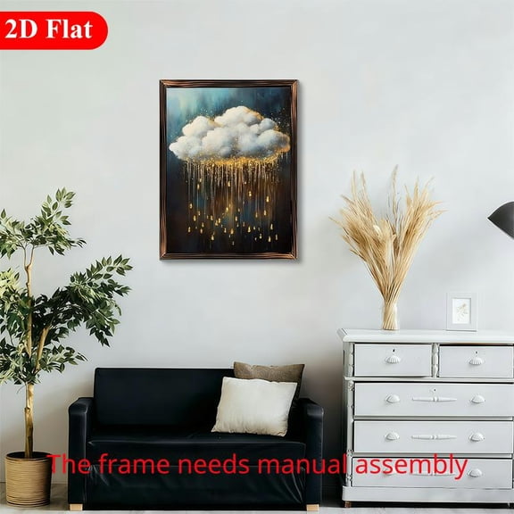 Abstract Gold Rain Cloud 12x16 Inch Framed Wood Wall Art, Modern Navy Blue and Gold Glitter Cloud Painting 1pc for Living Room Bedroom Decor
