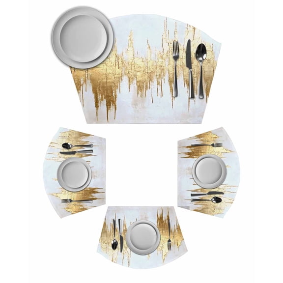 Abstract Gold Round Table Placemats Set of 2 Wedge Placemats, Modern Minimalist Art White Gray Ripple Place Mats for Dining Table Set Washable Mats Kitchen Decor for Indoor Outdoor Wipe Clean