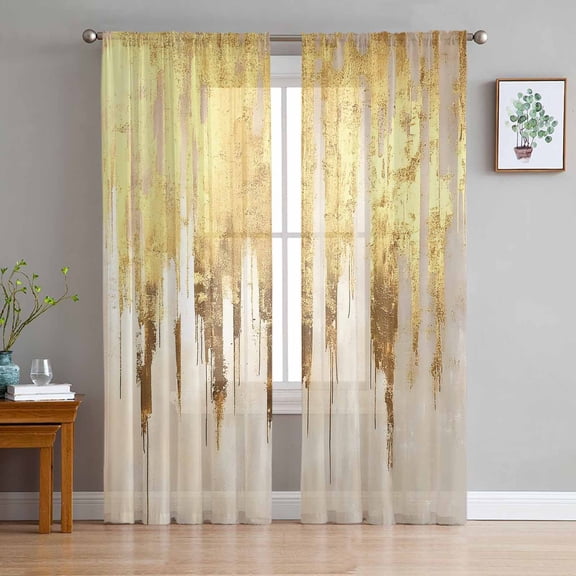 Abstract Gold Semi Sheer Curtains 96 Inch Length 2 Panels Set, Modern Brush Luxury Strokes Artwork Sheer Kitchen Curtain Privacy Voile Window Curtain for Living Room Bedroom Rod Pocket Drapes