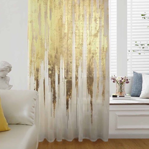 Abstract Gold Semi Sheer Curtains Drapes for Living Room, Bedroom, French Doors Window 45 Inches Long, Modern Brush Luxury Strokes Artwork Rod Pocket Chiffon Curtain Drapery Voile Draperies Panel