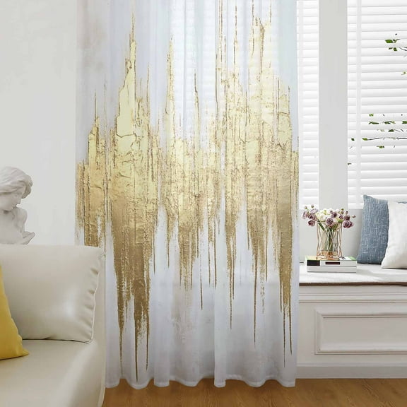 Abstract Gold Semi Sheer Curtains Drapes for Living Room, Bedroom, French Doors Window 45 Inches Long, Modern Minimalist Art White Gray Ripple Rod Pocket Chiffon Curtain Drapery Voile Drape Panel