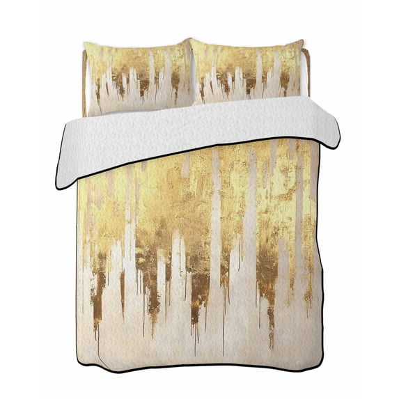 Abstract Gold Summer Quilt Set Twin Size, Soft Microfiber Quilted Bedding Set with 2 Pillow Shams, Modern Brush Luxury Strokes Artwork Lightweight All Season Bedspread Coverlet for Bedroom 68"x86"