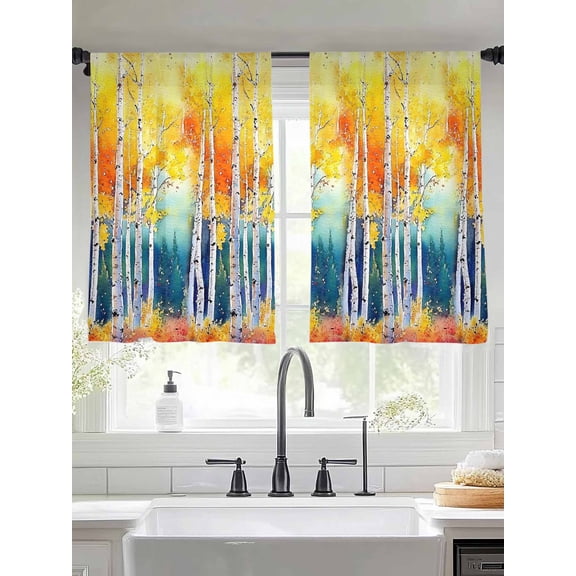 Abstract Gold Tree Sheer Curtains for Living Room Bedroom Modern Oil Painting Maple Leaf Branch Sheer Curtains 45 Inch Long 2 Panels Set Light Filtering Curtain Window Treatments Drapes