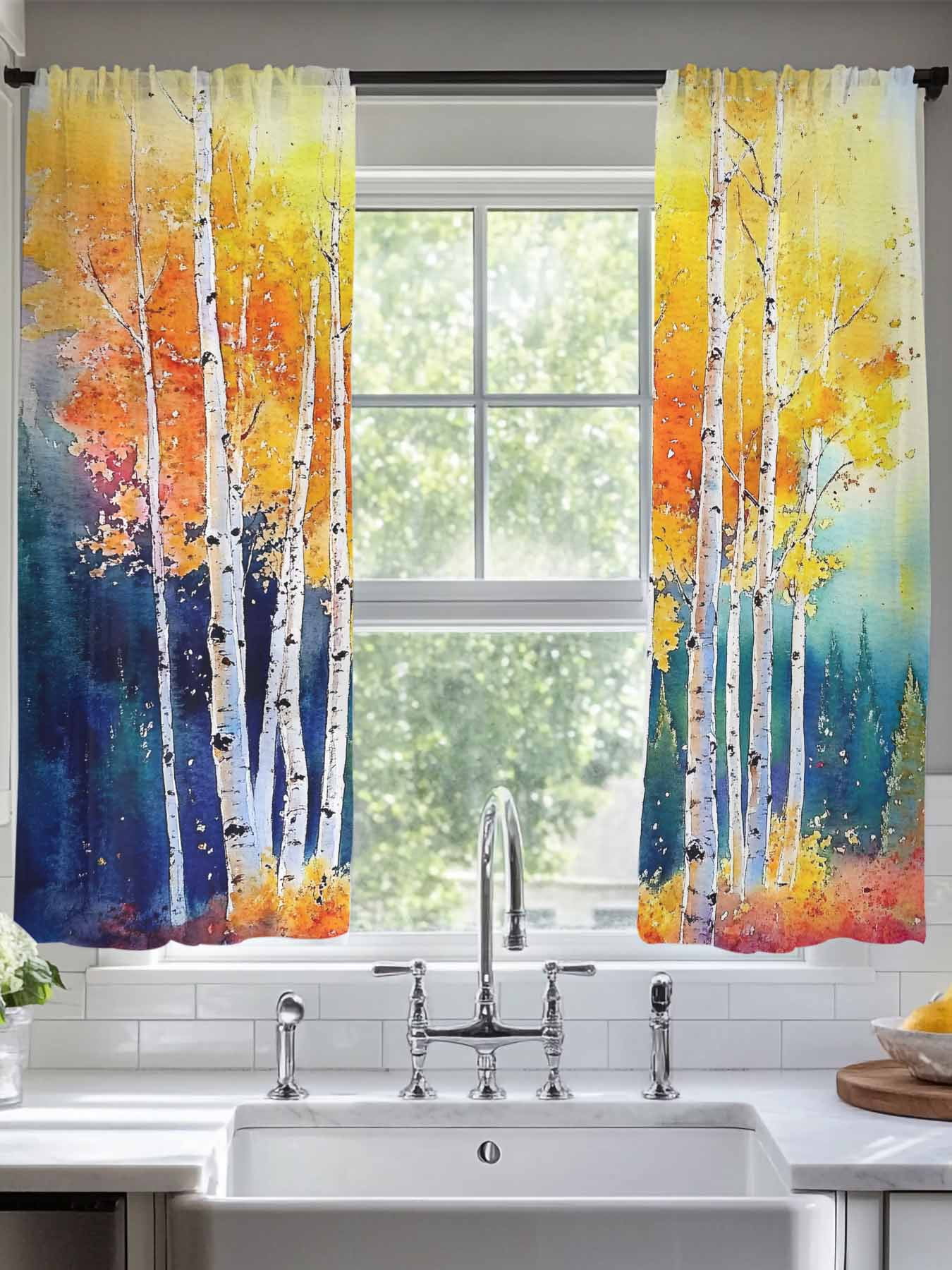 Abstract Gold Tree Sheer Curtains for Living Room Bedroom Modern Oil