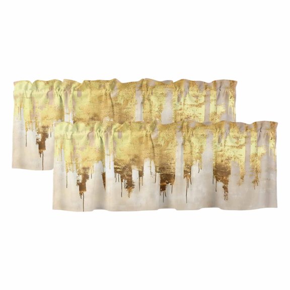 Abstract Gold Valances for Windows, Modern Brush Luxury Strokes Artwork Light Filtering Kitchen Curtains, Rod Pocket Window Valance Curtains for Living Room Bedroom, 60" W x 18" L, 2 Panels