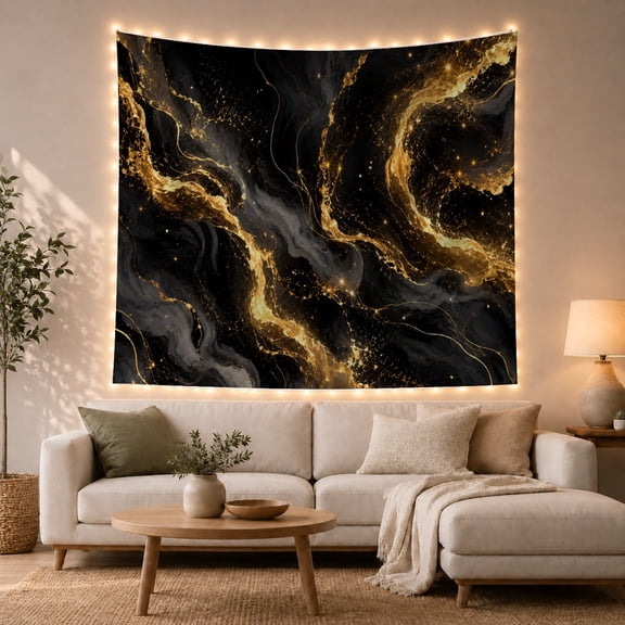 Abstract Gold Veins on Dark Obsidian Background, Dramatic Abstract for Art Lovers, Modern Metallic Decor, Housewarming Gift, Tapestry Wall Hanging for Living Room and Bedroom