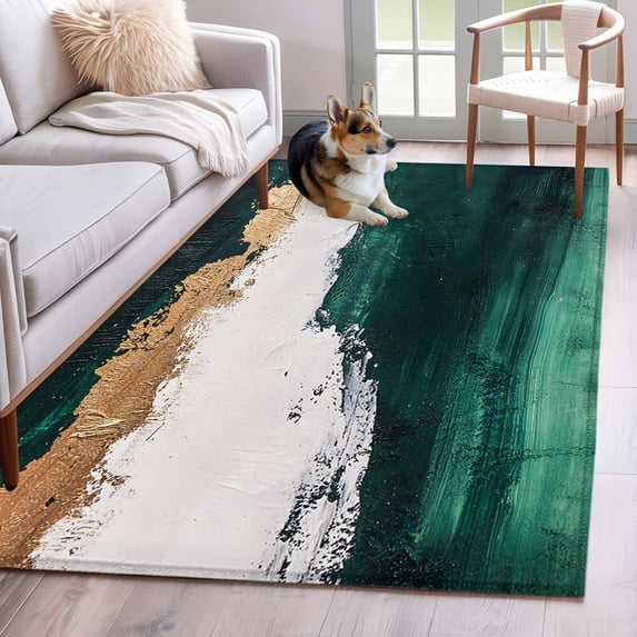 Abstract Gold Washable Area Rugs 4'x6', White Green Mottled Minimalist Cracks Texture Low Pile Throw Living Room Rug Non-Slip Sturdy Edge Binding Carpet for Indoor Entryway Bedside Kitchen