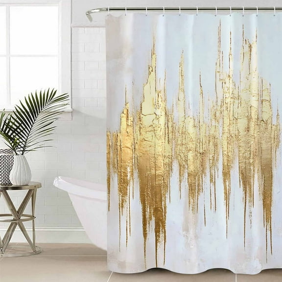 Abstract Gold Waterproof Fabric Shower Curtain, Modern Minimalist Art White Gray Ripple Shower Curtain for Bathroom Curtains Bathtubs Hotel Washable Shower Curtains with 12 Hooks Long 72x78in