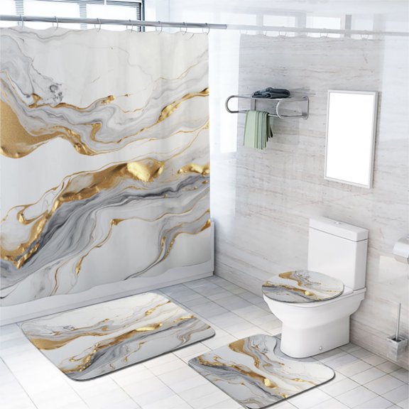 Abstract Gold White Marble Shower Curtain Set Modern Crack Luxury Texture with Non-Slip Rugs, Toilet Lid Cover and Bath Mat, Durable and Waterproof, for Bathroom Decor Set, 72x72 Inch