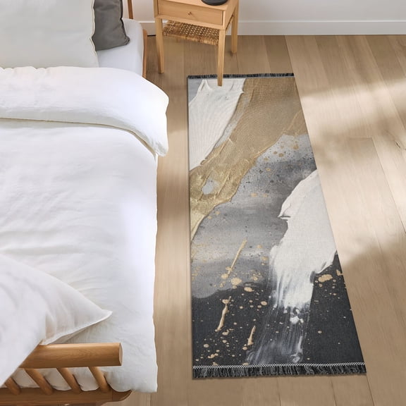 Abstract Gold White Painting Runner Area Rug 2x6 Soft Non-Slip Washable Bedside Carpet for Hallway Bedroom Living Room Home Decor