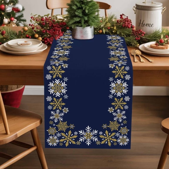 Abstract Gold White Snowflake Table Runner 13x90in Non-Slip Cotton Linen Table Runners, Christmas Geometric Art Dresser Scarves TableRunner for Dinner Kitchen Dining Wedding Party
