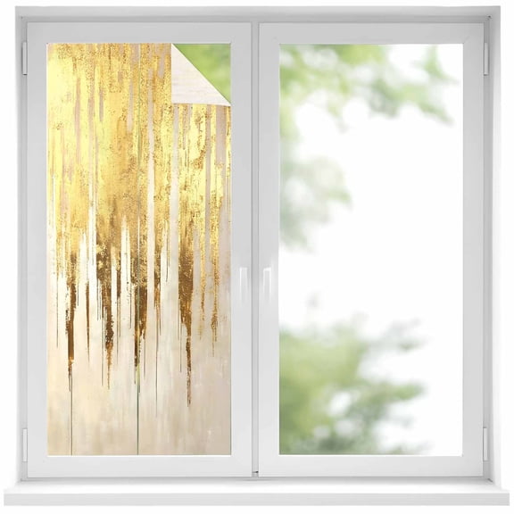 Abstract Gold Window Privacy Film, Modern Brush Luxury Strokes Artwork Static Cling UV Sun Blocking Heat Control Window Tint Day and Night, Non-Adhesive One Way Windows Privacy Cover 19.6''x39.3''