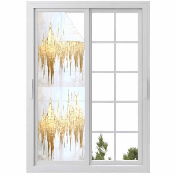Abstract Gold Window Privacy Film, Modern Minimalist Art White Gray Ripple Static Cling UV Sun Blocking Heat Control Window Tint, Non-Adhesive One Way Windows Privacy Cover 17.7''x78.7''