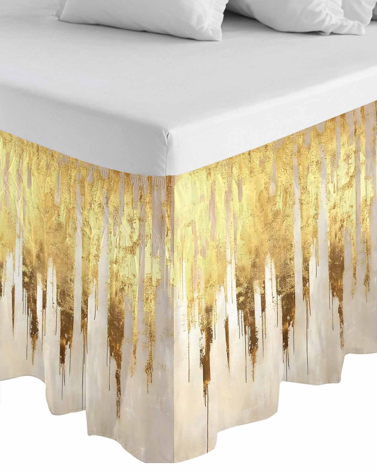 Abstract Gold Wrap Around Bed Skirts for Queen Bed 18" Drop,Bed Skirt with Adjustable Elastic Belt Dust Ruffle Bed Valance for Bedroom Hotel Luxury Modern Brush Luxury Strokes Artwork Bed Frame Cover
