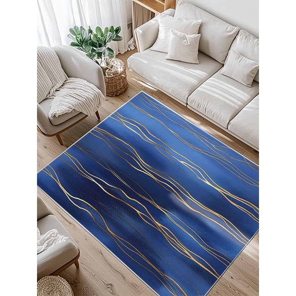 Abstract Golden Area Rug for Bedroom 5x7 Ft Water Ripple Dark Blue Sea Modern Art Super Soft fuzzy Throw Rug Non-Slip Fluffy Plush Indoor Floor Carpet for Living Room Nursery Home Decor
