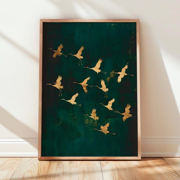 Abstract Golden Birds In Flight Emerald Green Art Print Green And Gold Modern Wall Art Minimalist Flying Birds Pattern Art295