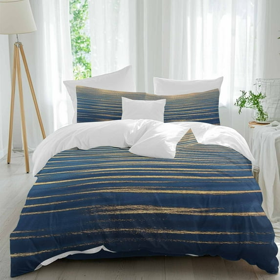 Abstract Golden Duvet Cover Set Queen Size, Water Ripple Ocean Sunrise Horizon Modern 4 Piece Soft Microfiber Bedding Set with 1 Duvet Cover, 1 Flat Sheet, 2 Pillowcases