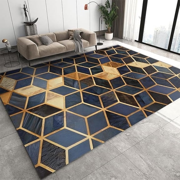 Abstract Golden Honeycomb Lines Area Rug, Navy Blue Marble Background Living Room Rugs, With Anti-Slip Backing Washable Indoor Carpet For Living Room Bedroom Study Dining Room 2x3ft