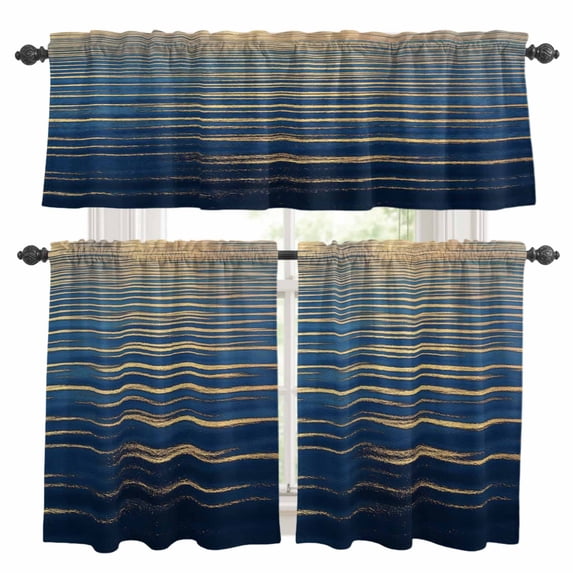Abstract Golden Kitchen Curtains Valances and Tiers Set of 3 Water Ripple Ocean Sunrise Horizon Modern Tier Curtains and Valance with Rod Pocket for Small Windows, 27.5"x24"