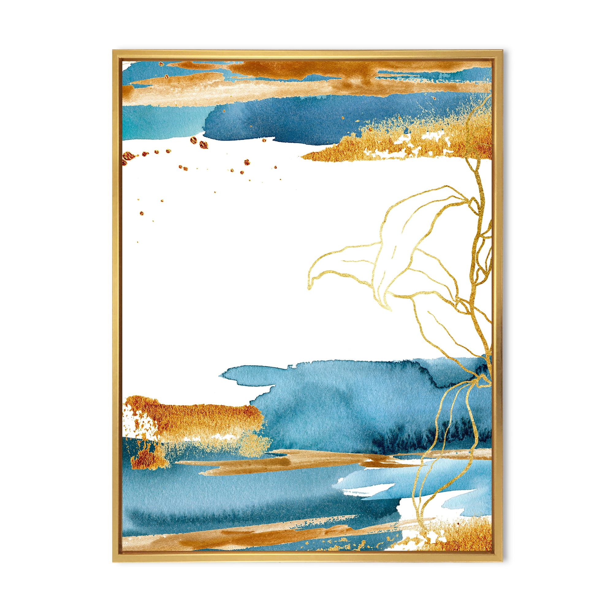 Abstract Golden Laminaria Branch & Leaves 16 in x 32 in Framed Painting Canvas Art Print, by Designart