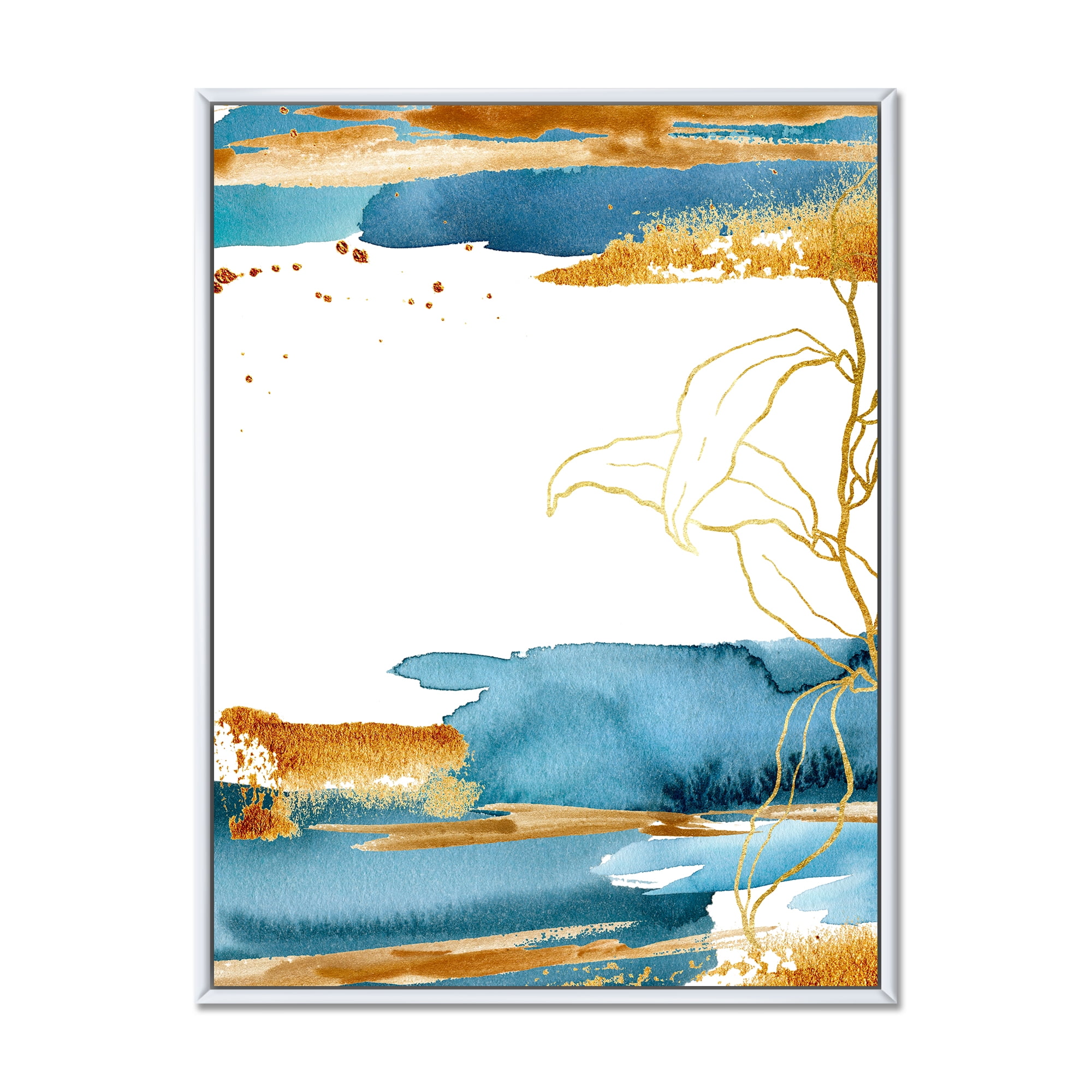 Abstract Golden Laminaria Branch & Leaves 30 in x 40 in Framed Painting Canvas Art Print, by Designart