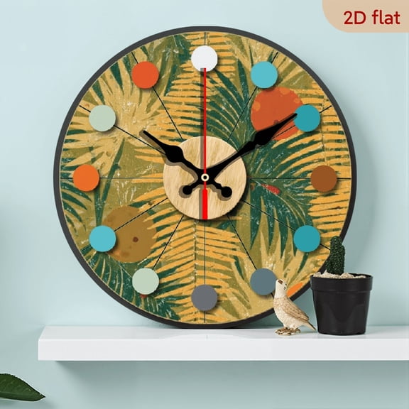Abstract Golden Leaves Mid-Century Modern Wood Wall Clock Elegant Wood Design with Black Hands, Circular, and Warm Tones for Home Decor, Wall Clock Living Room 10in