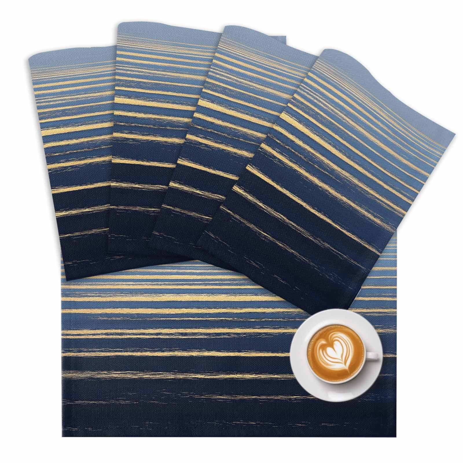 Abstract Golden Placemats Set of 4 Water Wave Blue Ocean Sunrise Horizon Place Mats Washable Table Mats for Party Kitchen Dining Decoration, 13 X 19 Inch