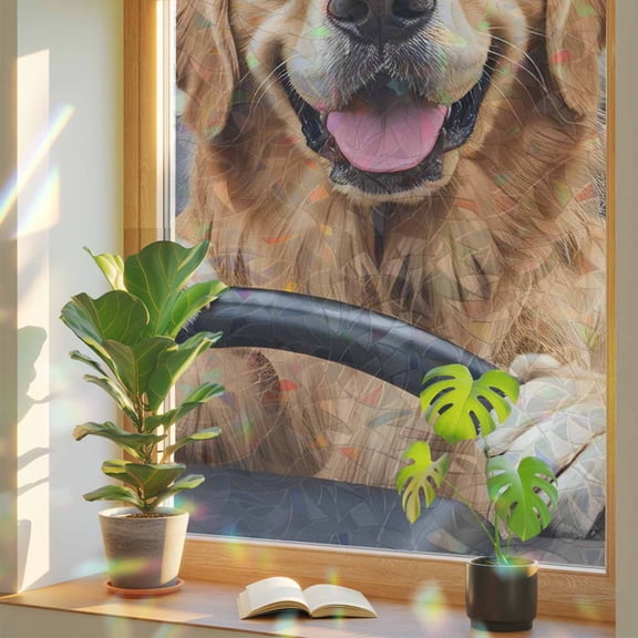 Abstract Golden Retriever Driving Window Privacy Film, Rainbow Film Decorative Window Sticker 17.7x39.3in, Cute Puppy Sun Blocking Static Stained Glass Cling Tint Non-Adhesive