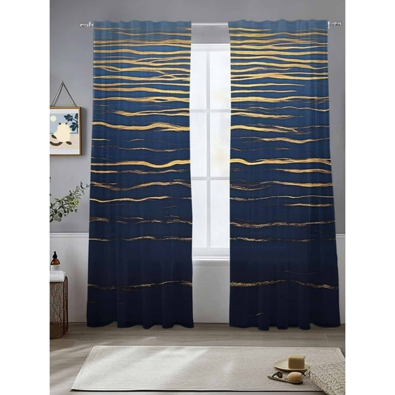 Abstract Golden Sheer Curtains 96 Inches Long 2 Panels Water Ripple Blue Ocean Sunrise Horizon Light Filtering Semi Sheer Window Curtains Drapes for Bedroom Living Room 52"x96"