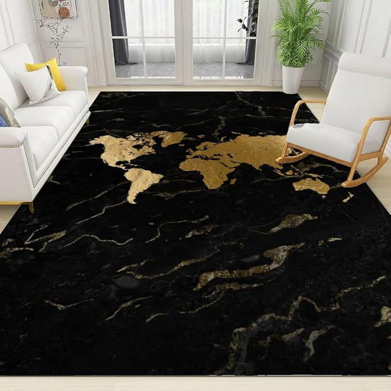 Abstract Golden World Map Indoor Area Rug, Modern Black Marble Texture ...